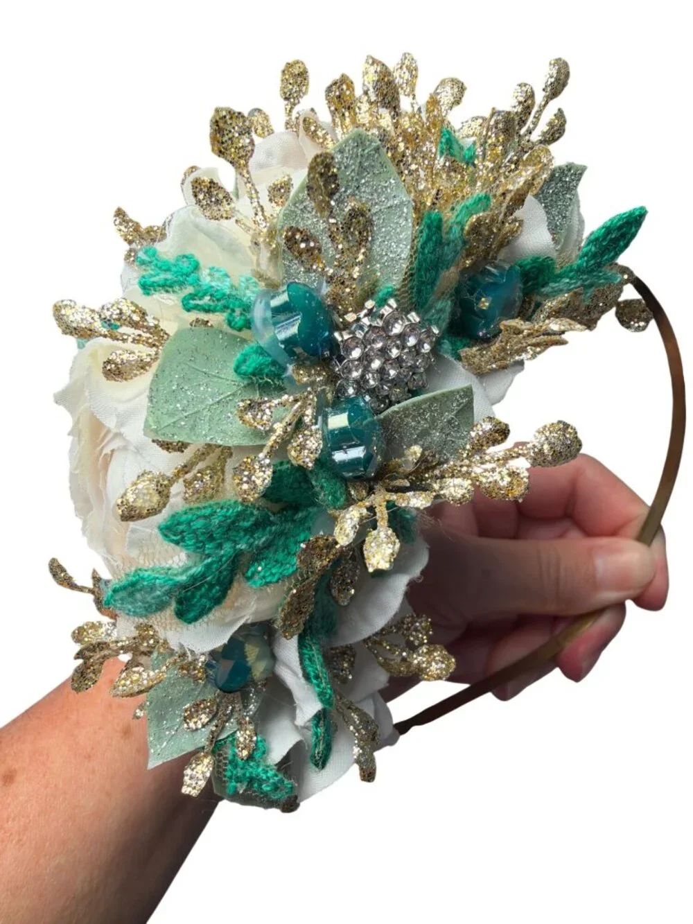 PLJ Pretty Little Jettie Gold & Green Glitter Accents Handmade Headband OOAK